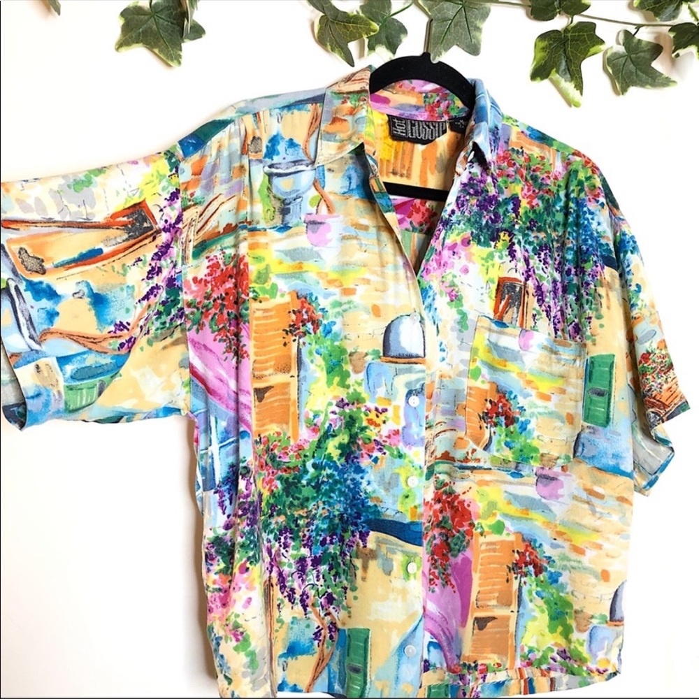 ✅Vintage Hot Gossip artsy vibrant water color painting loose fit button down top